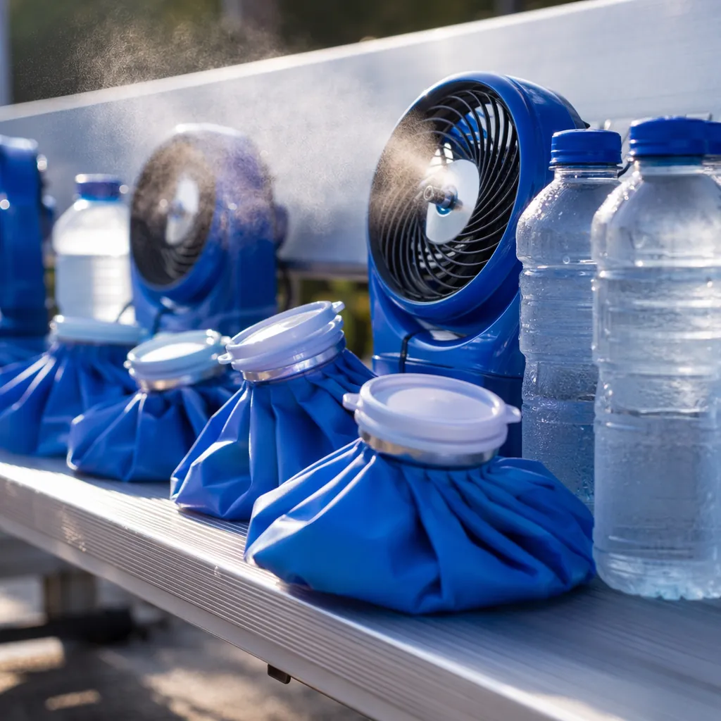 Close up of ice packs, cooling mist fans and water bottles placed on a football 