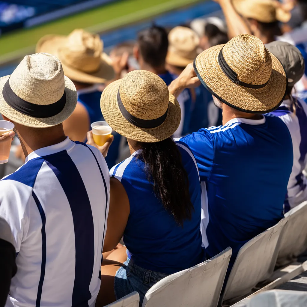 Group of football fans wearing generic unbranded football jerseys, holding sun h