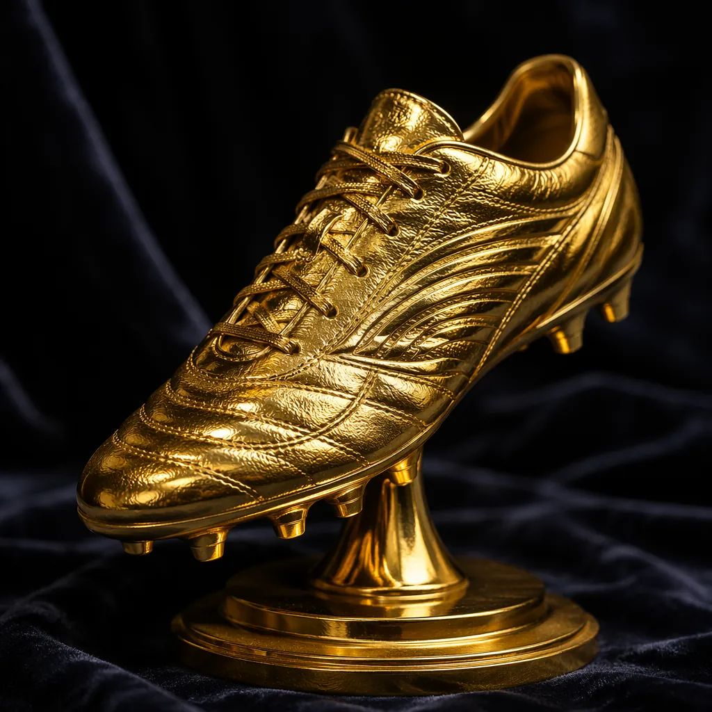 Close up shot of a golden football boot trophy on a dark velvet background, soft
