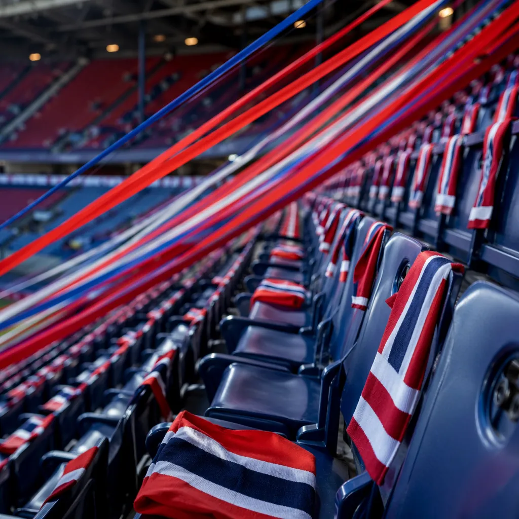 Empty football stadium stands decorated with blue and red streamers matching Nor