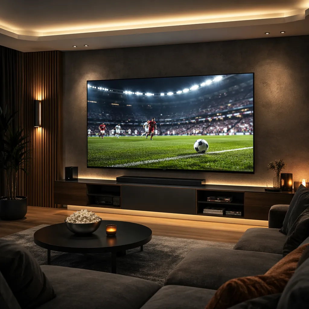 Modern home viewing space with large flat screen showing football match highligh
