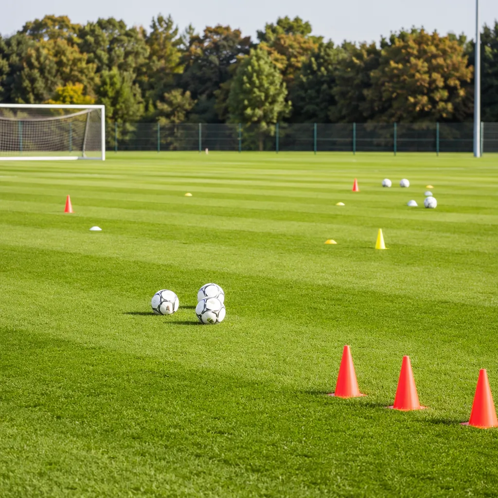 Bright football training ground scene, green natural grass, empty training cones