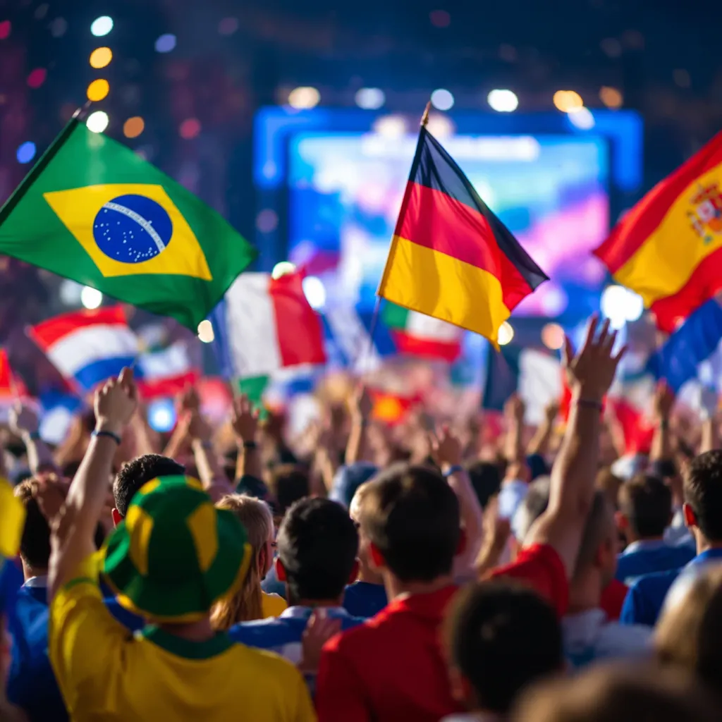 Vibrant World Cup fan zone atmosphere, colorful national flags waving, blurred c