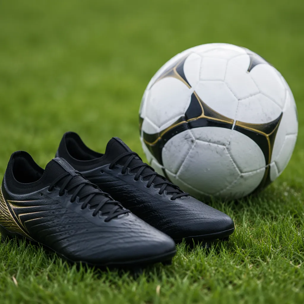 Close up of generic football boots and a match ball on a green grass pitch, soft
