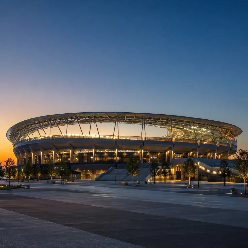Wide shot of a modern football stadium exterior at dusk, warm floodlights on, no