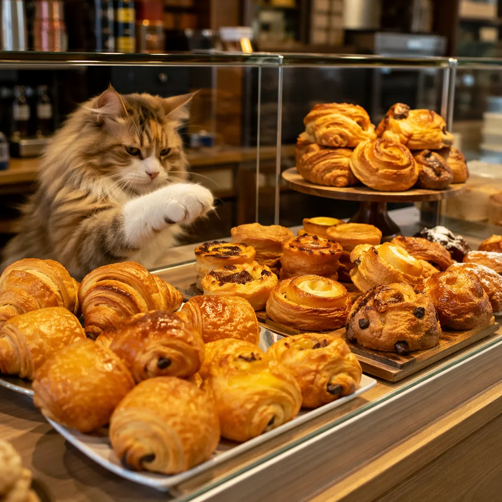 Funny bakery display with assorted golden pastries, casual coffee shop setting, 
