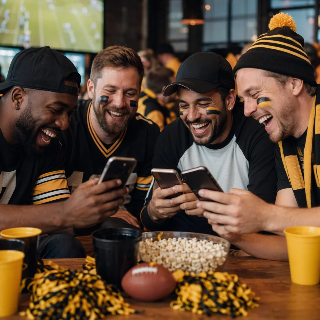 Group of football fans laughing while sharing social media content on their phon