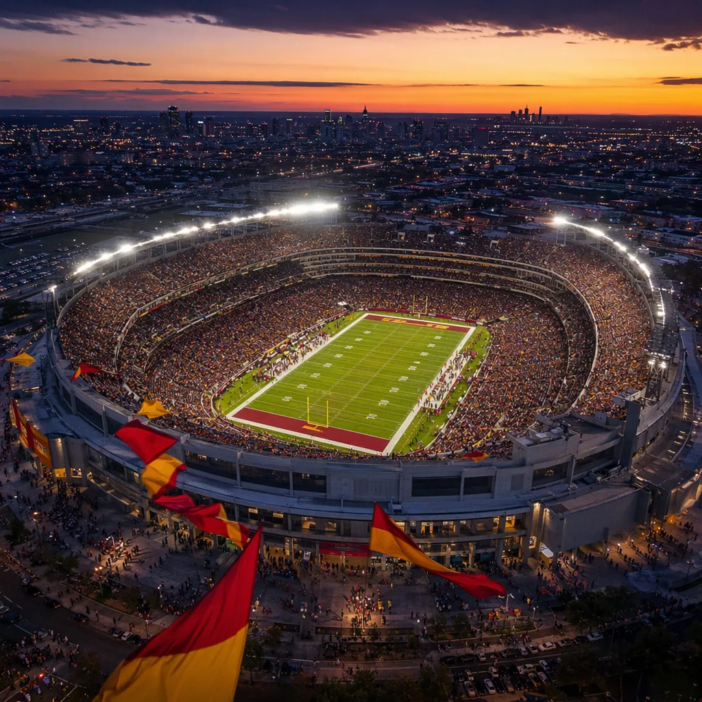 Aerial view of a large modern football stadium in North America, colorful fan ba