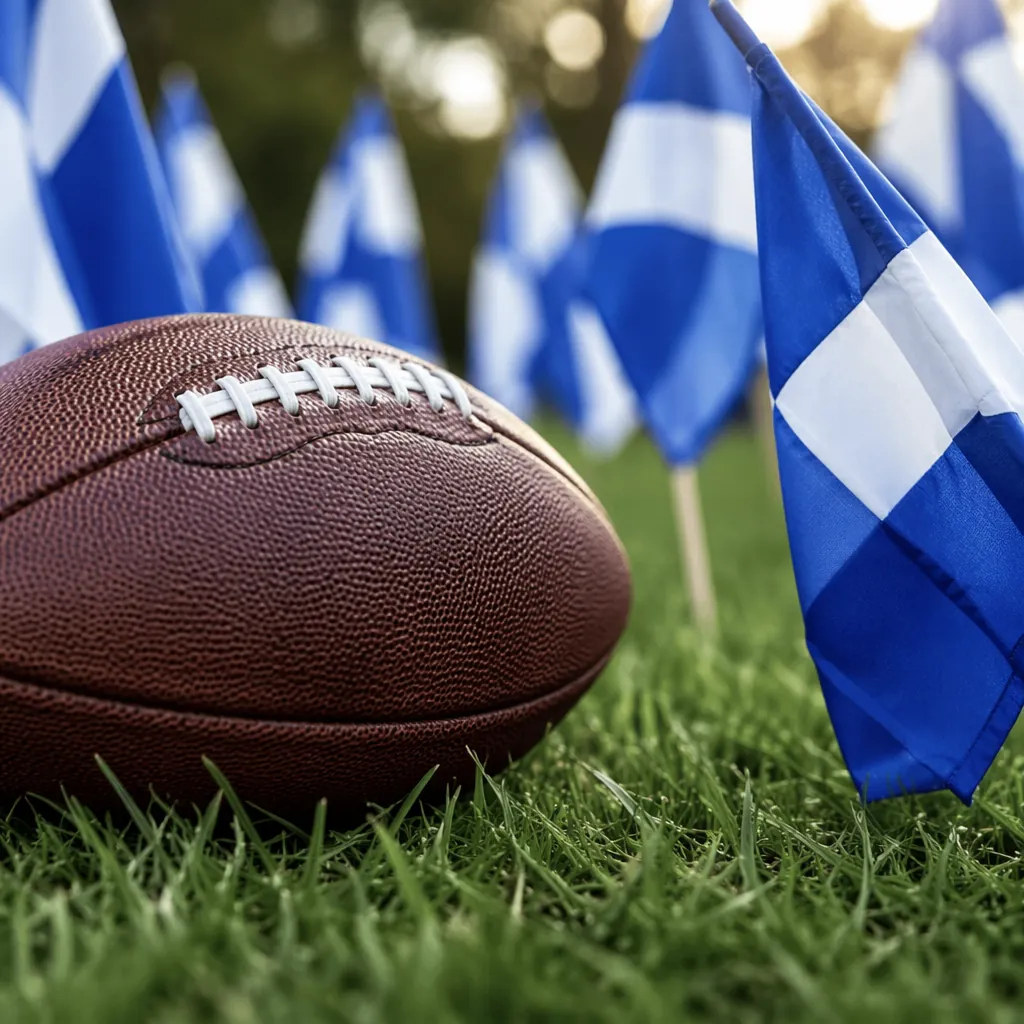 Close up of a leather football on green grass, blue and white national flags pla