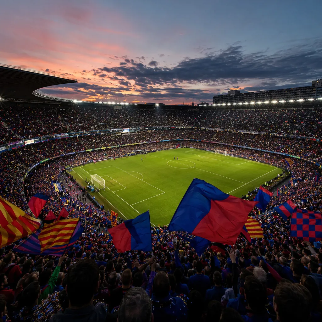 Wide shot of packed football stadium at dusk, fans waving colorful flags in stan