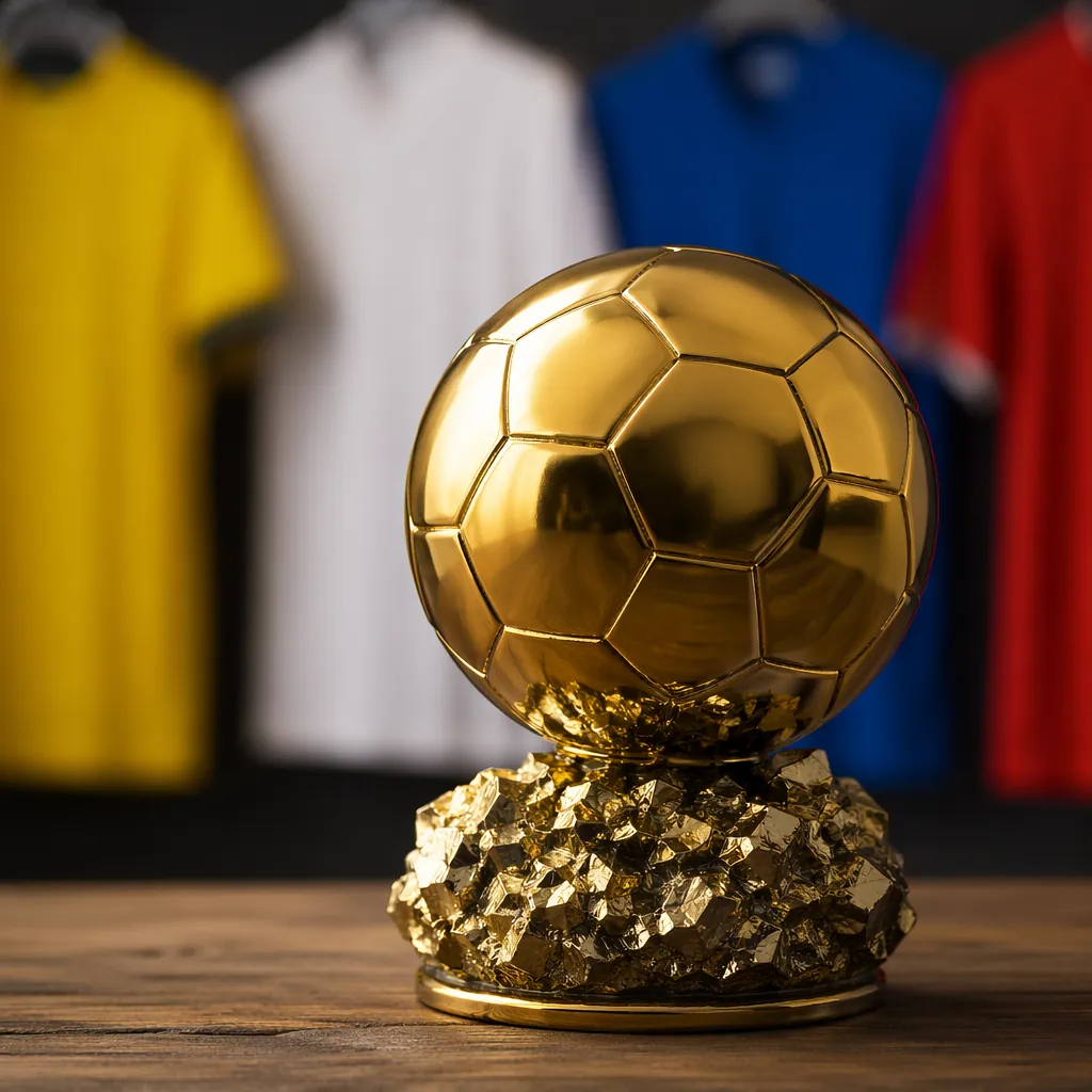Close up of a golden football trophy replica on a wooden table, soft studio ligh