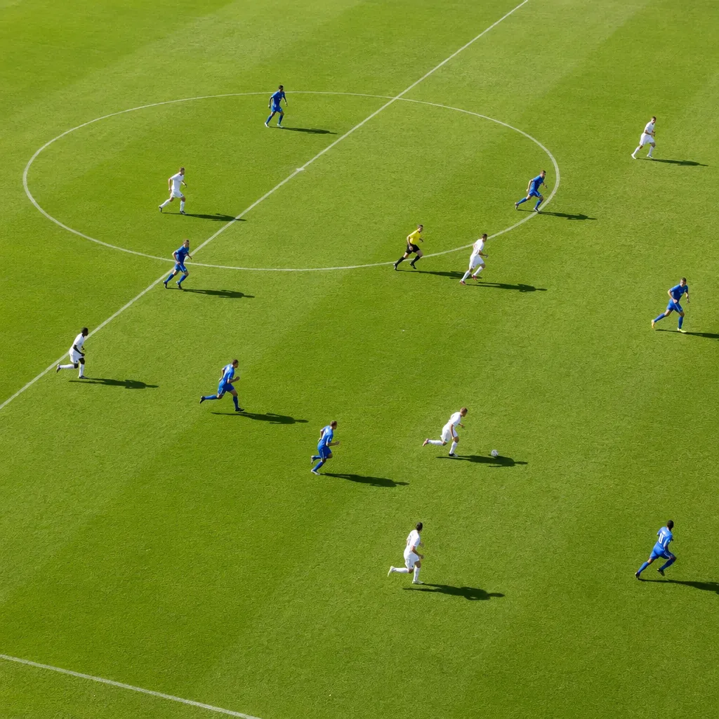 High angle shot of a football pitch with players in generic white and blue kits 
