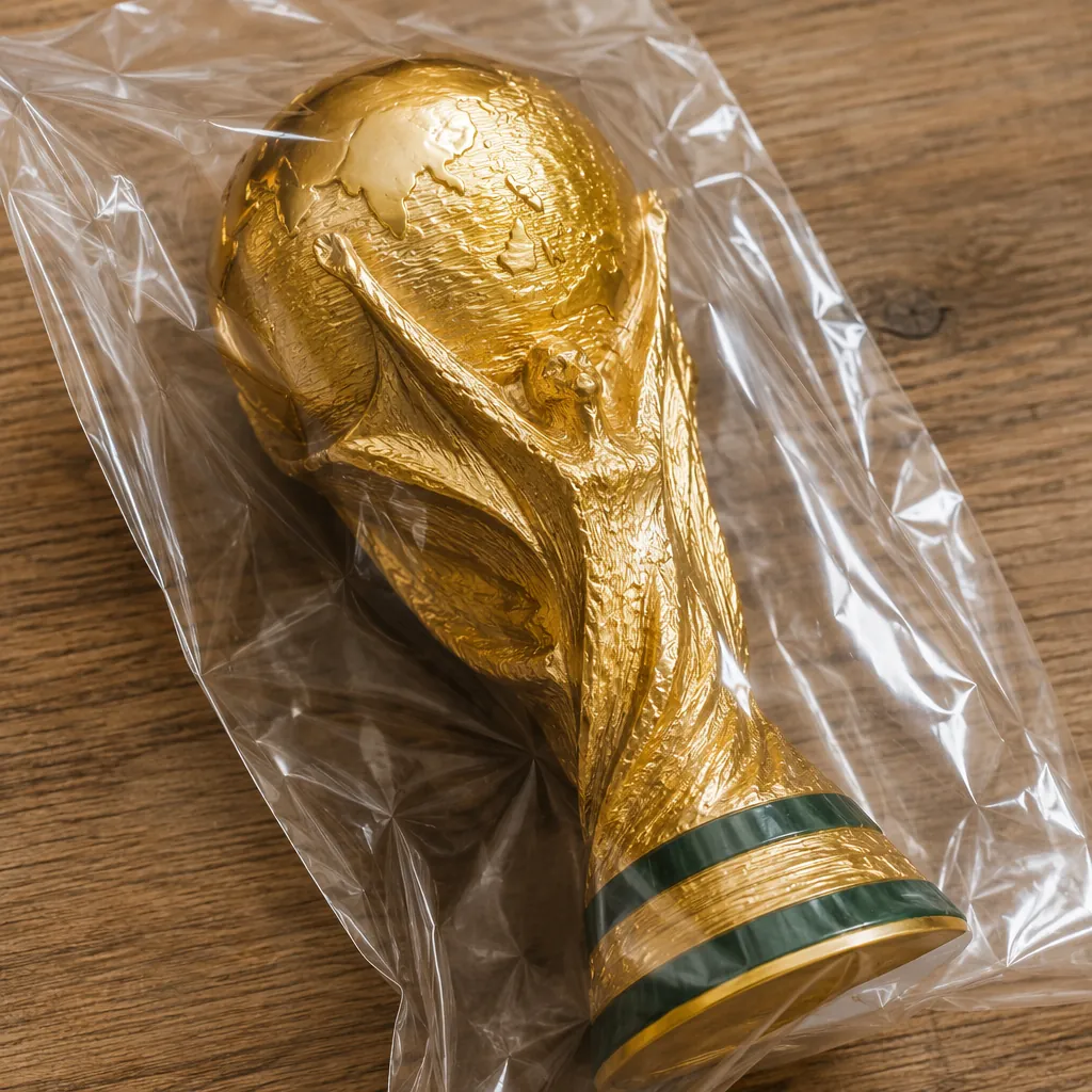 Close up shot of a generic 1:1 scale world cup trophy replica inside a clear pla