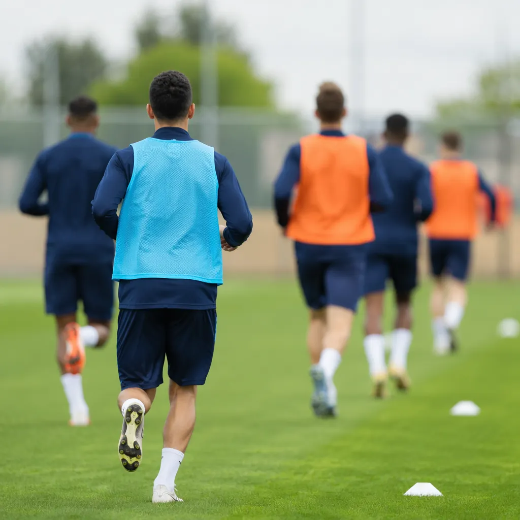 Football training ground scene, blurred figures of players in training kits runn