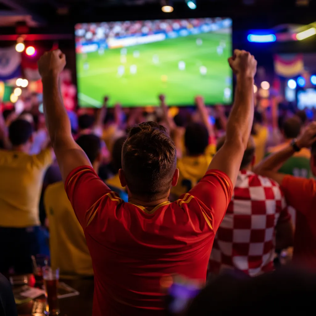 World Cup viewing atmosphere shot, blurred fans wearing generic national team je