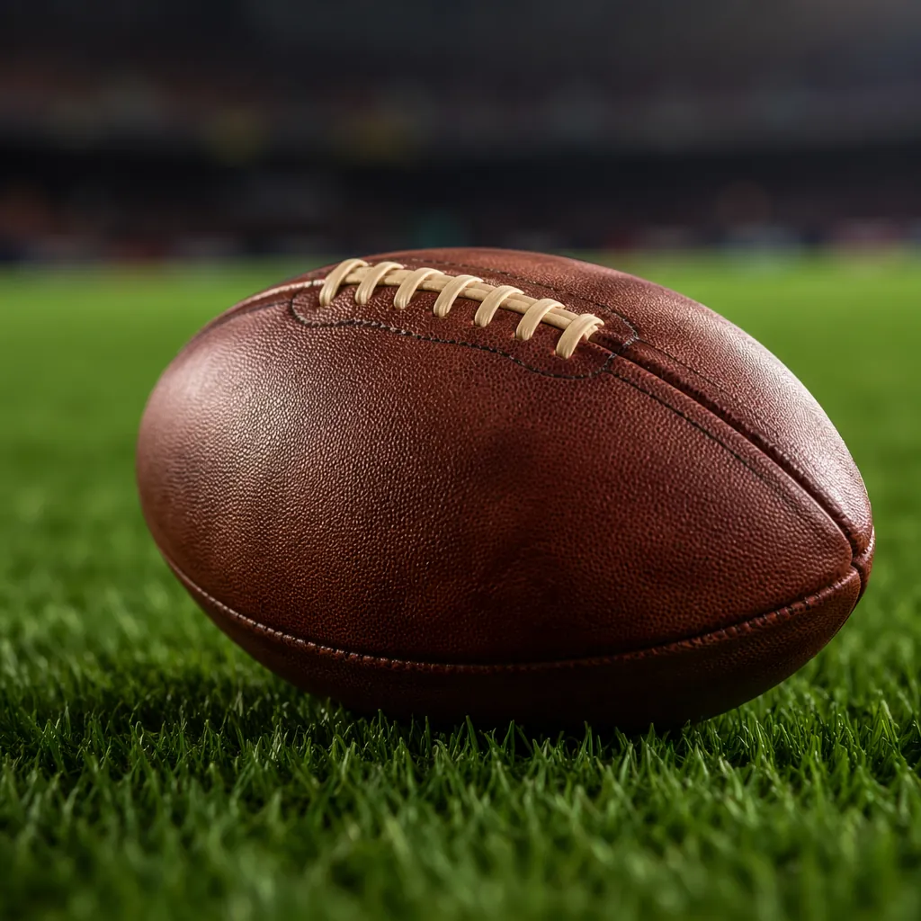 Close up of a leather football on well-maintained green grass pitch, soft stadiu