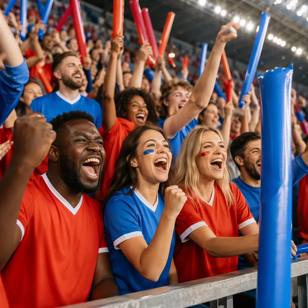 Diverse football fans cheering in stadium stands, wearing generic solid-color je