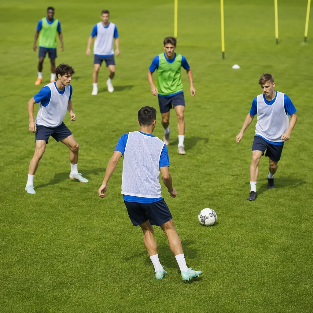Generic football midfield training scene, multiple unrecognizable male football