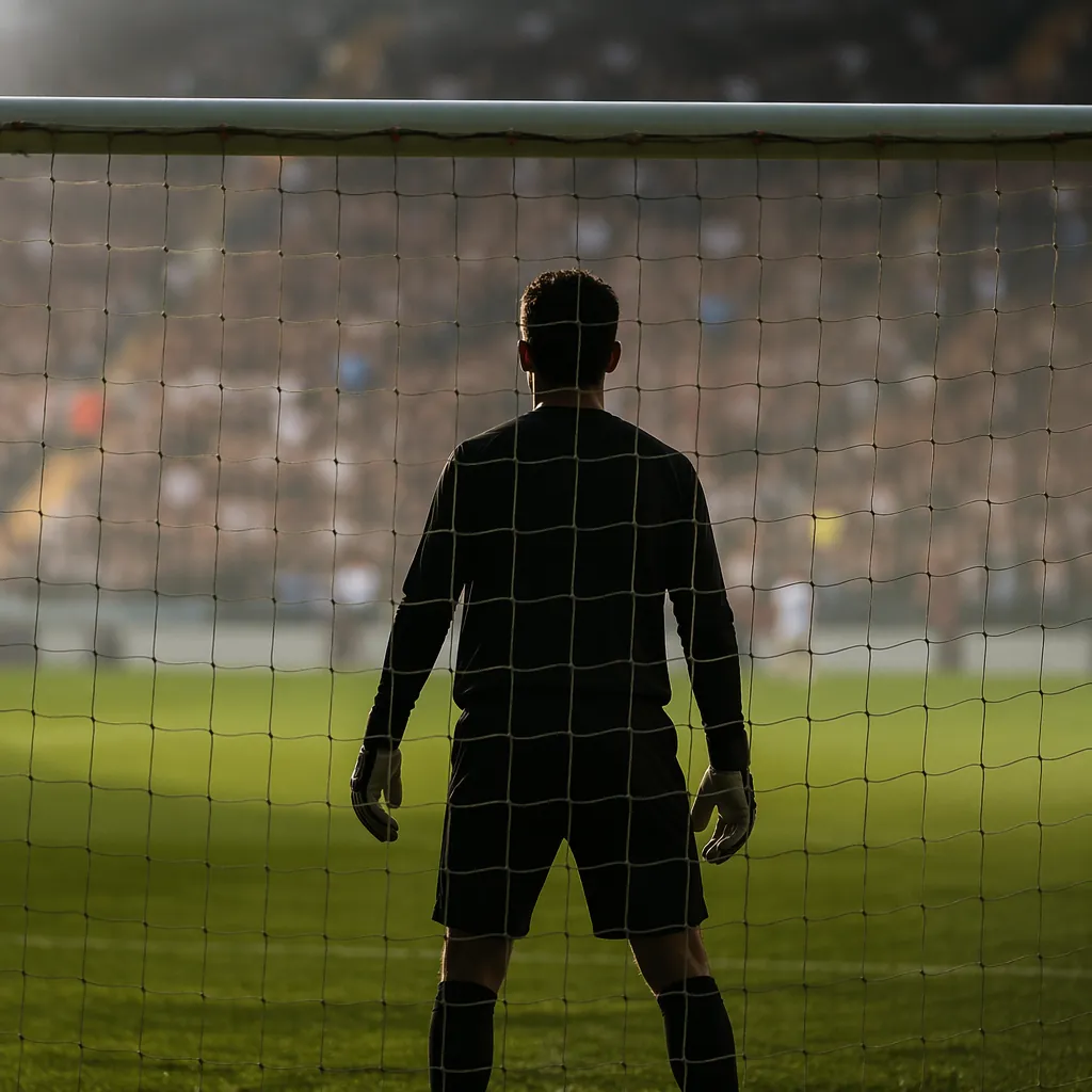 Generic silhouette of a football goalkeeper standing in front of the goal net, b