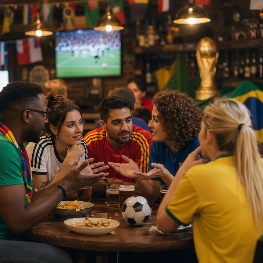 Group of diverse football fans discussing match content in a casual sports bar, 