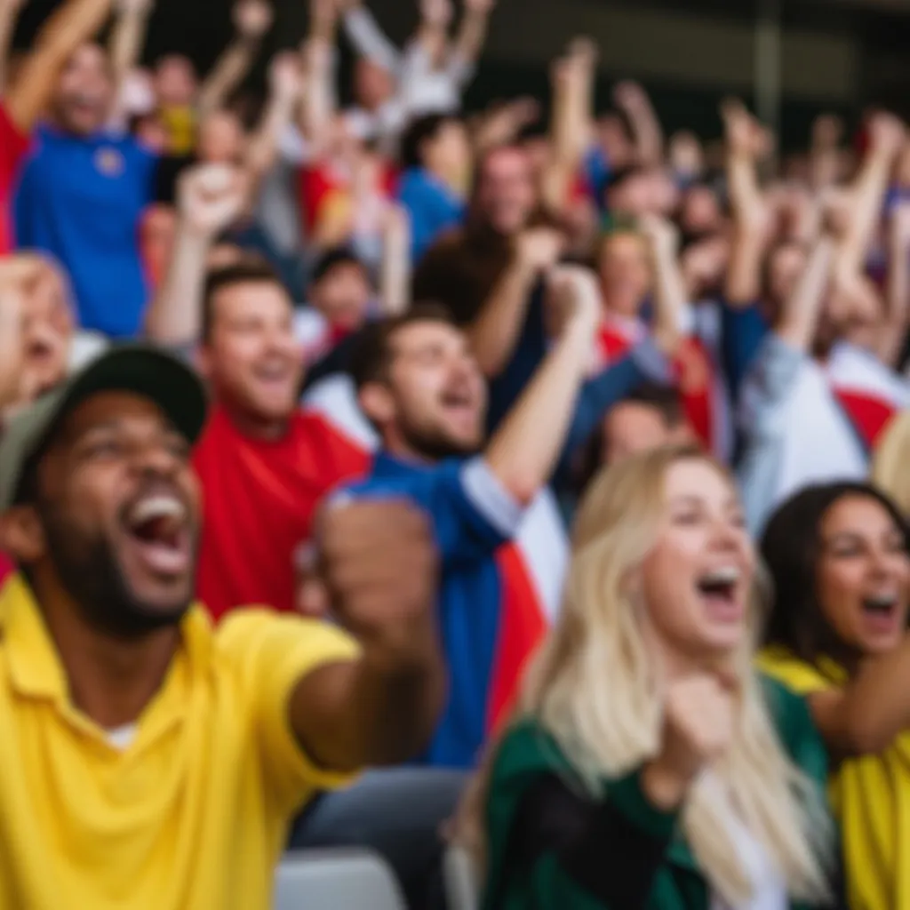 Blurred shot of diverse soccer fans cheering in stadium stands, wearing colorful
