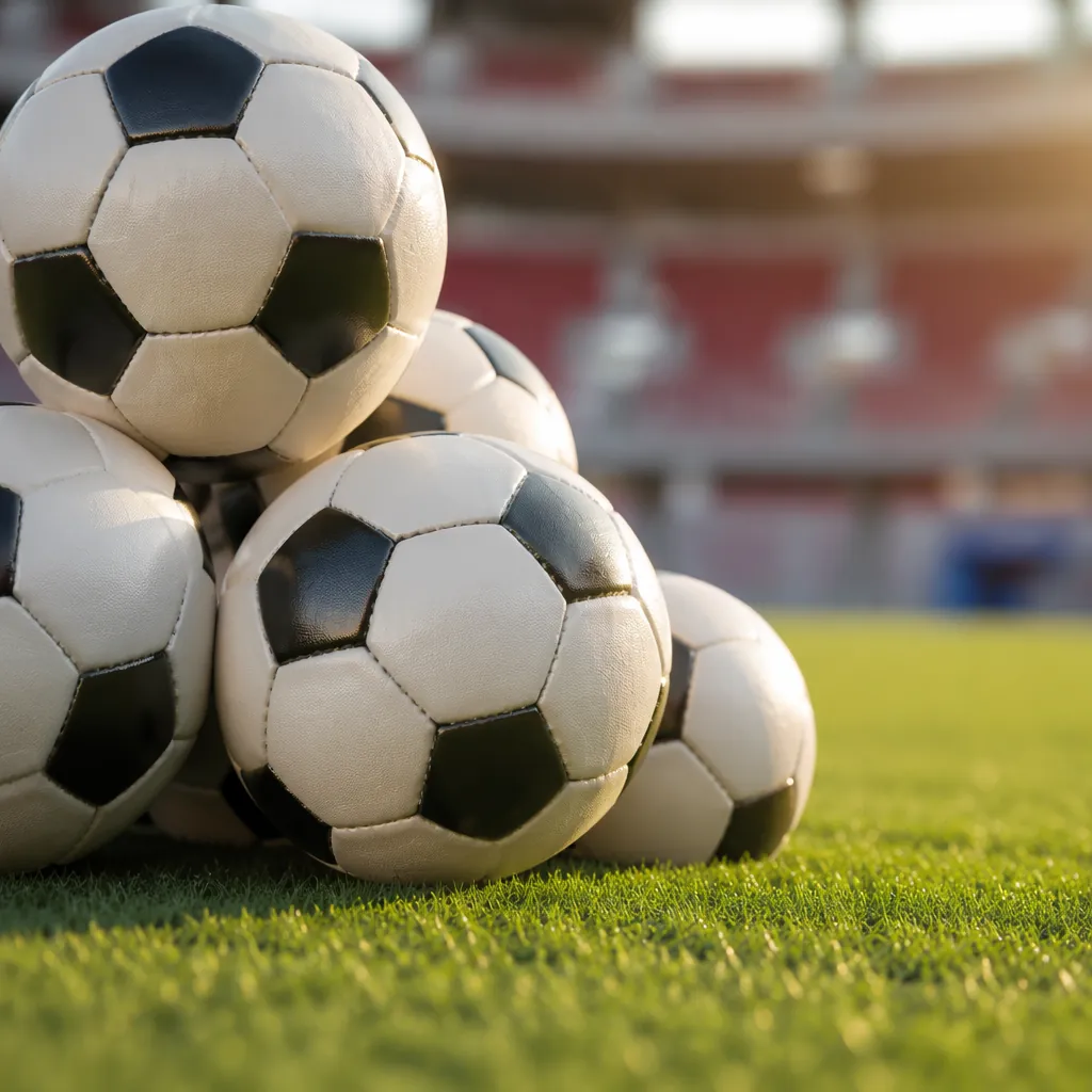 Close up of footballs stacked on a green pitch with blurred stadium seating in t