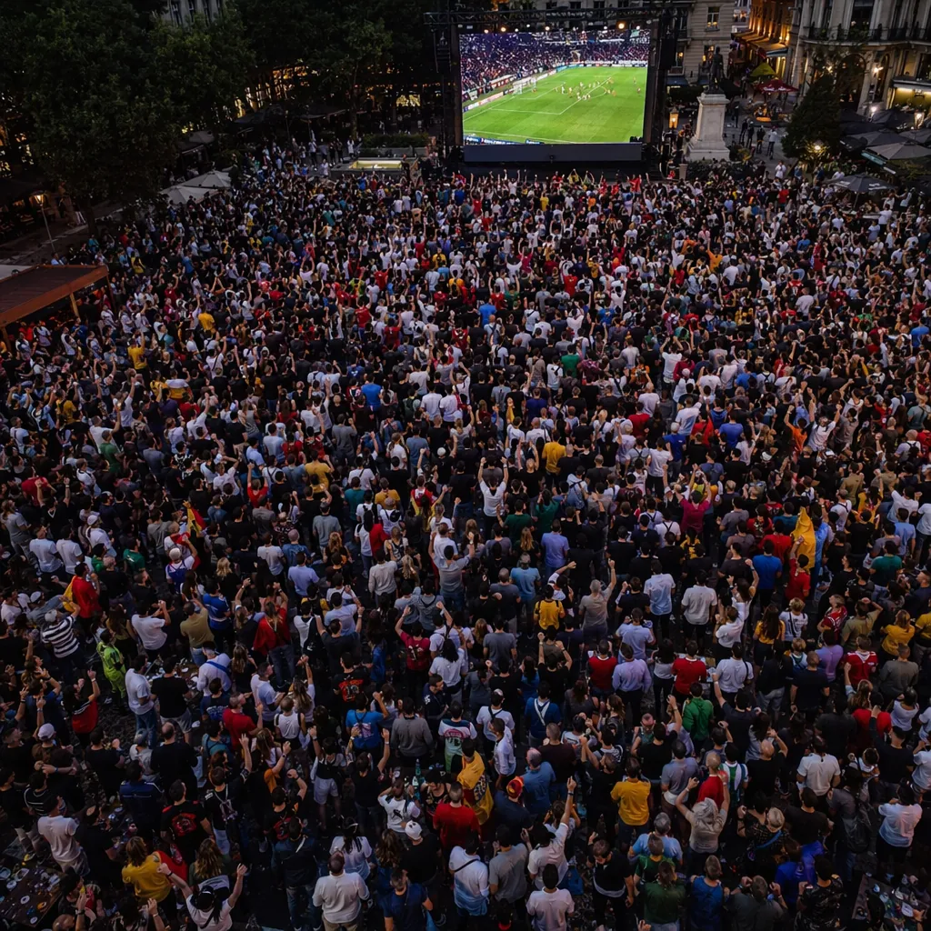High angle shot of a crowded city square with fans watching a large football mat