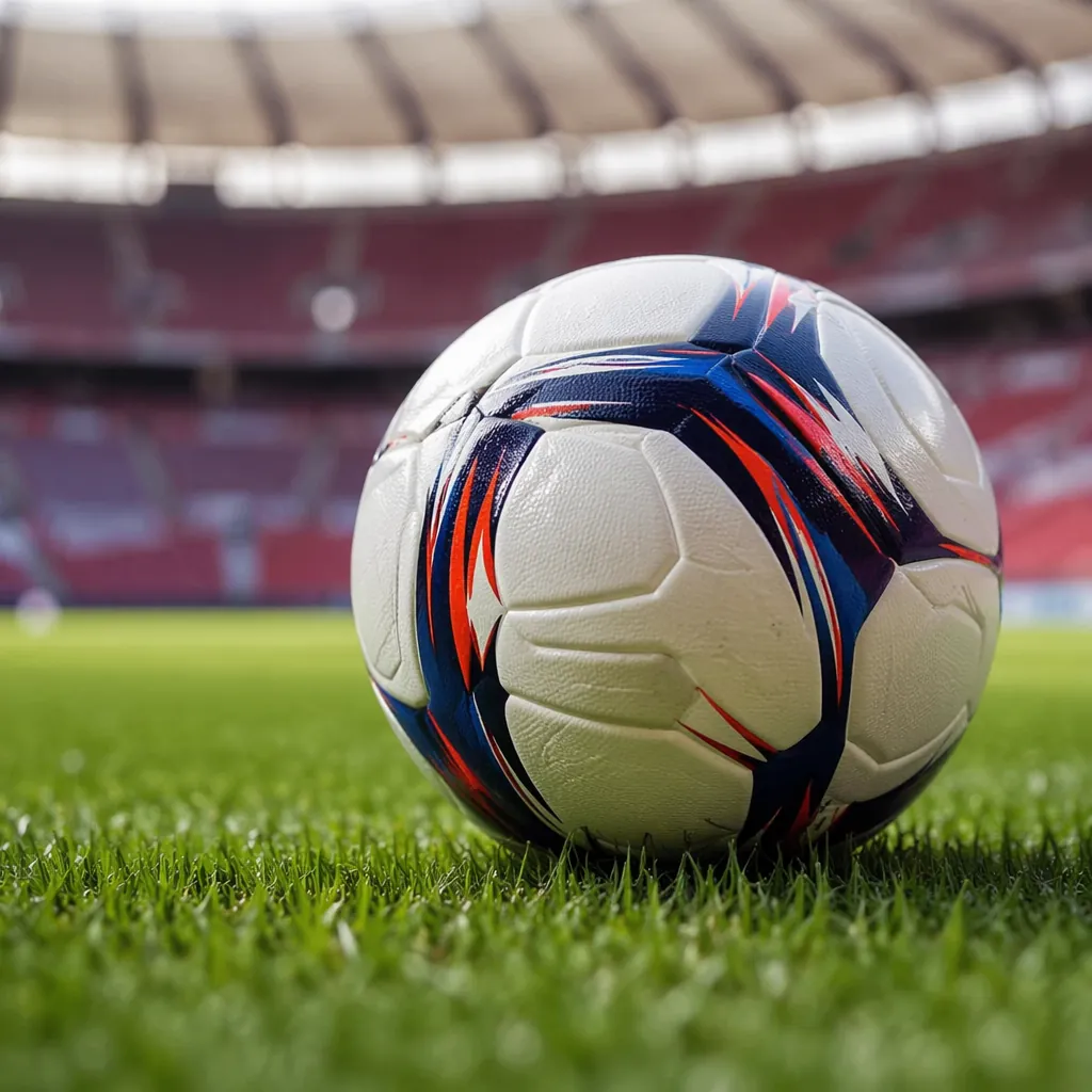 Close-up shot of an official match soccer ball resting on well-manicured green g