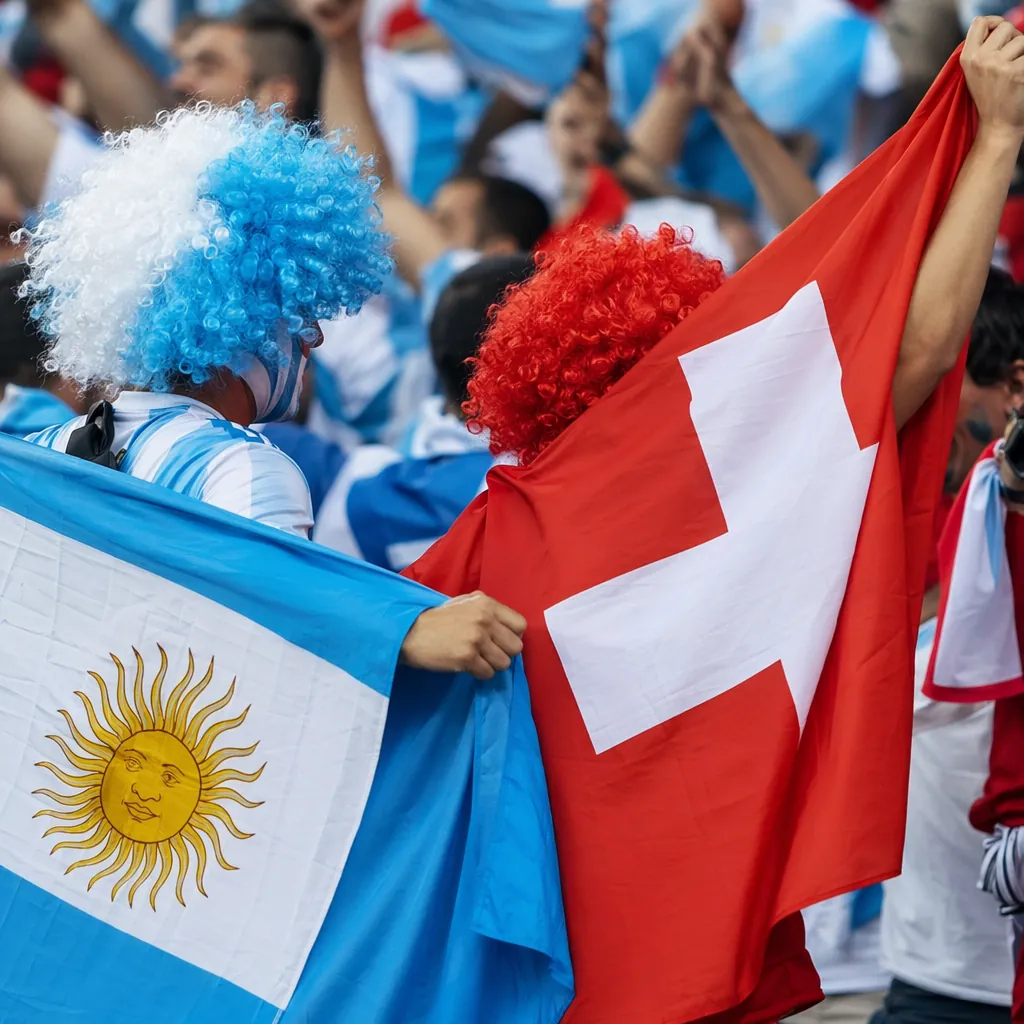 Medium shot of anonymous football fans celebrating together, holding Argentina a