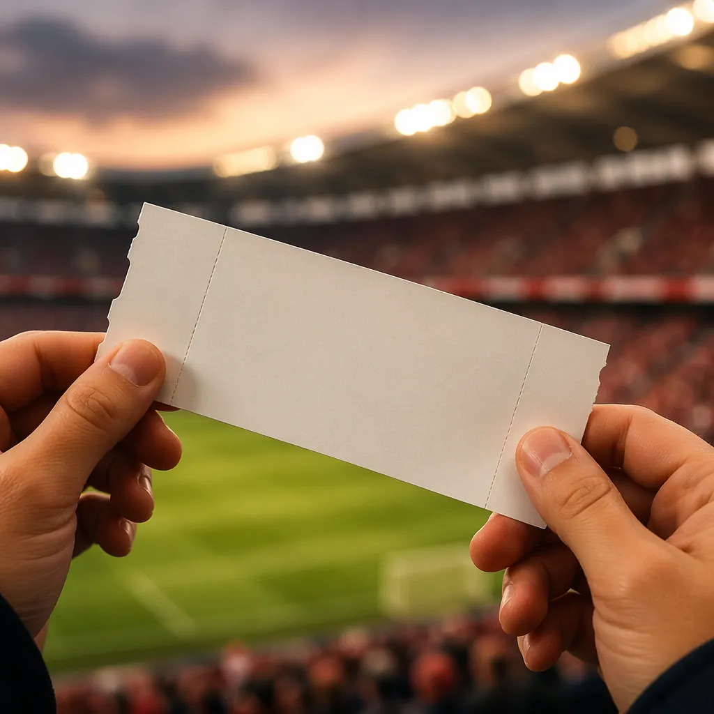 Close up of hands holding a generic football match ticket, blurred stadium backg