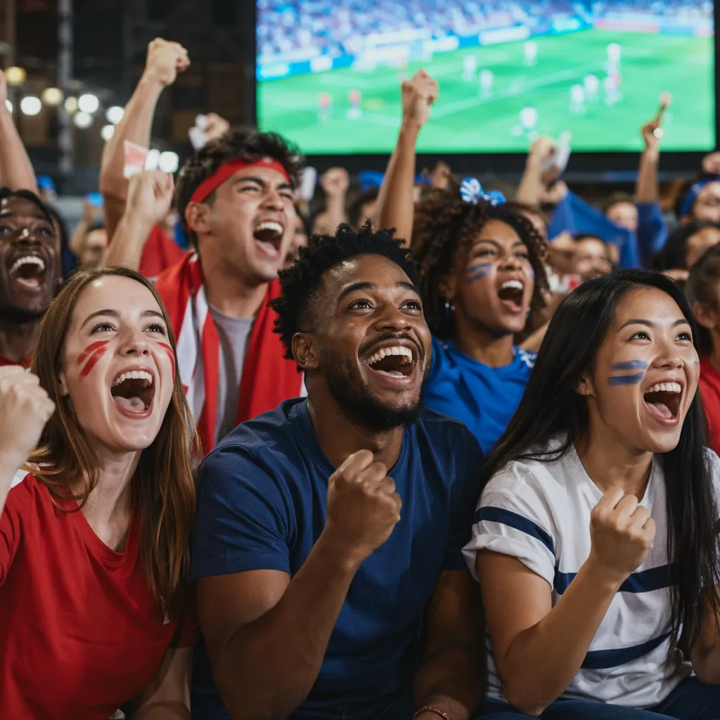 Group of diverse fans cheering while watching a football match on a large public