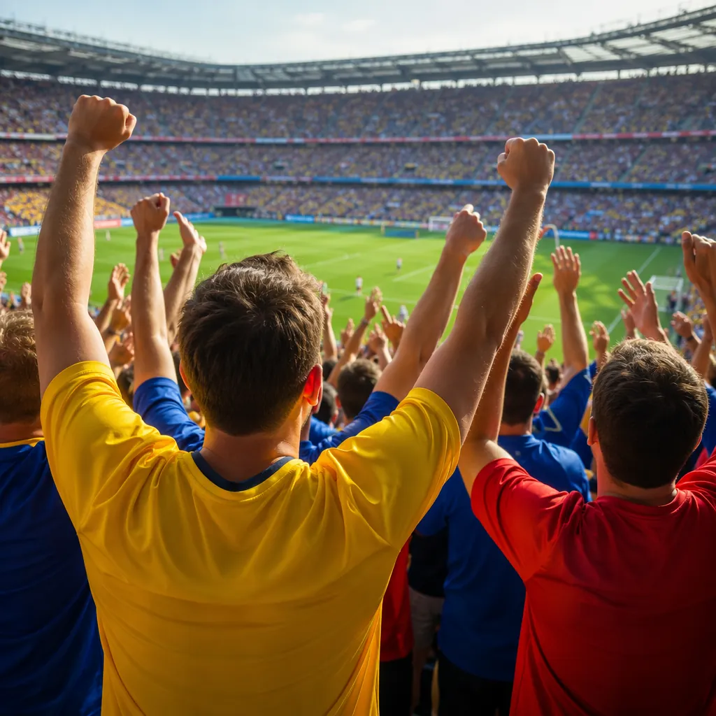 A group of generic football fans in plain colorful jerseys cheering with raised 