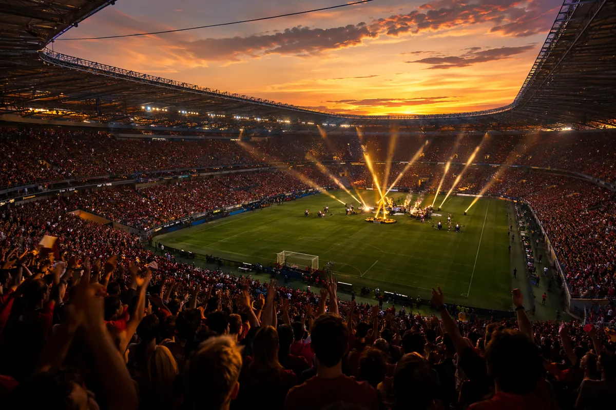 A wide shot of a packed modern football stadium during golden hour, with bright stage ligh