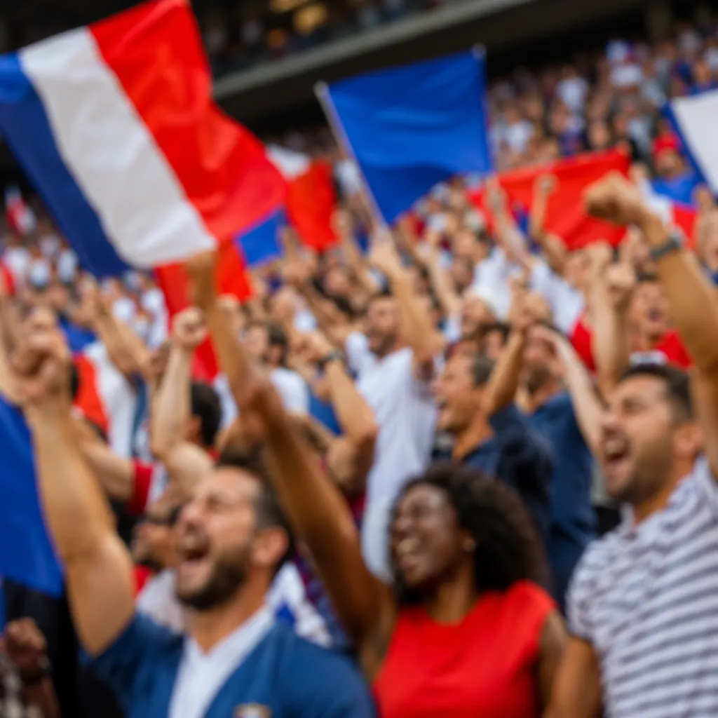Blurred shot of diverse football fans cheering in stadium stands, holding generi
