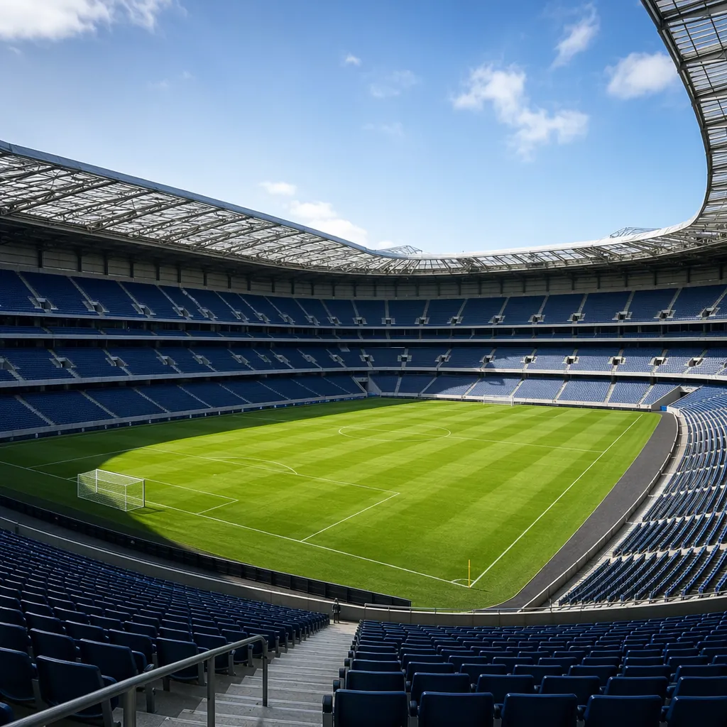 Wide shot of a modern football stadium during daytime, empty seats, green grass 