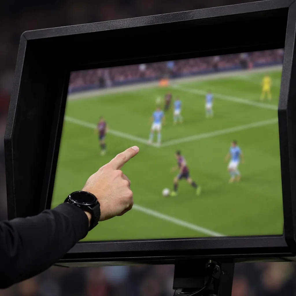 Close up of a VAR monitor showing a generic football play, blurred screen conten