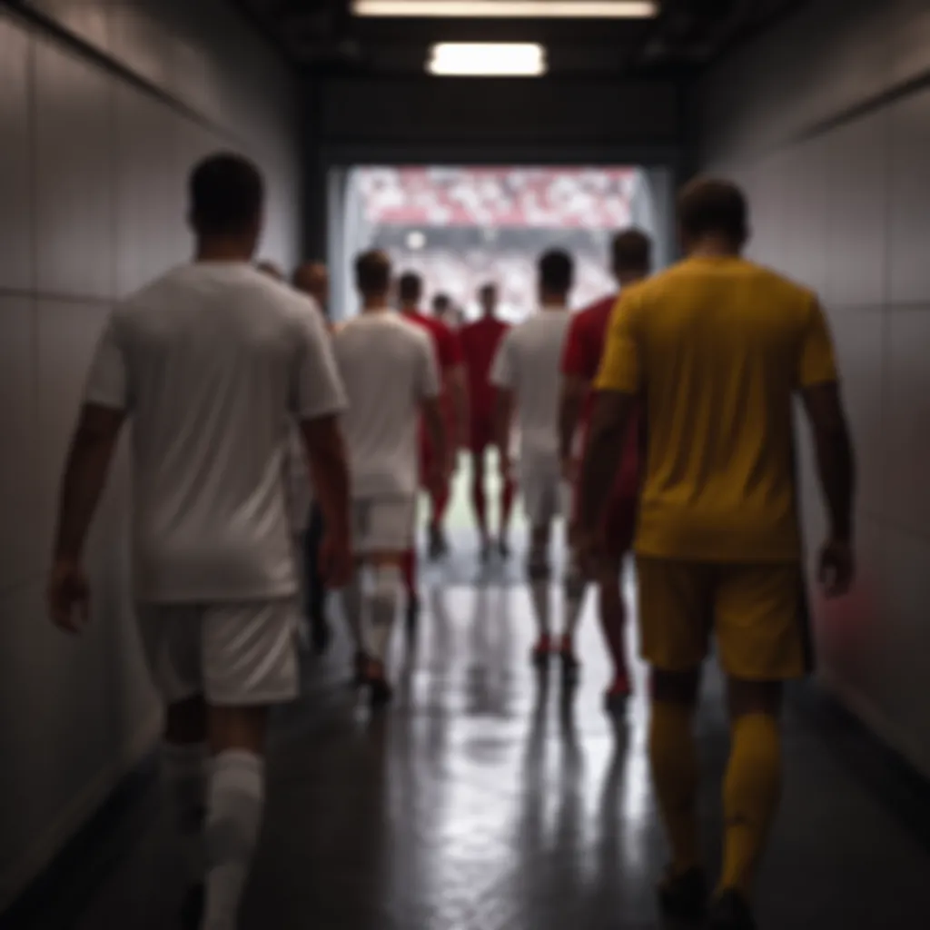 Blurred wide shot of football players walking into stadium tunnel after match, n