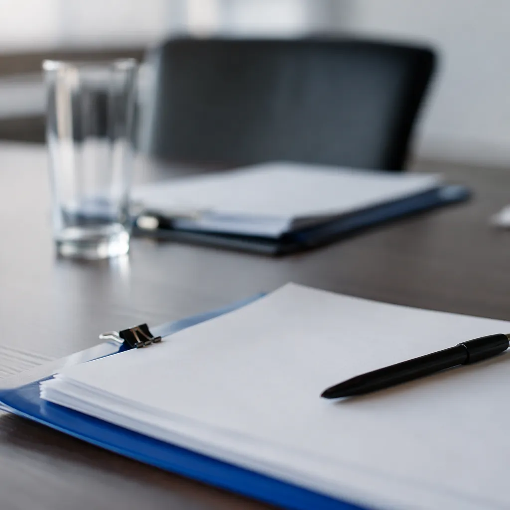 Close up shot of empty disciplinary hearing table with generic documents, soft f
