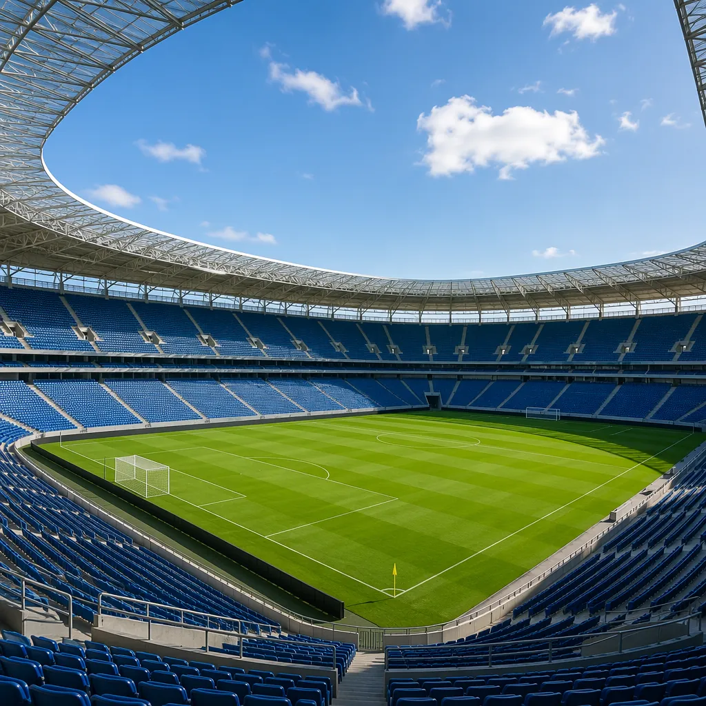 Wide shot of a modern football stadium interior, empty green pitch, sunny day, e