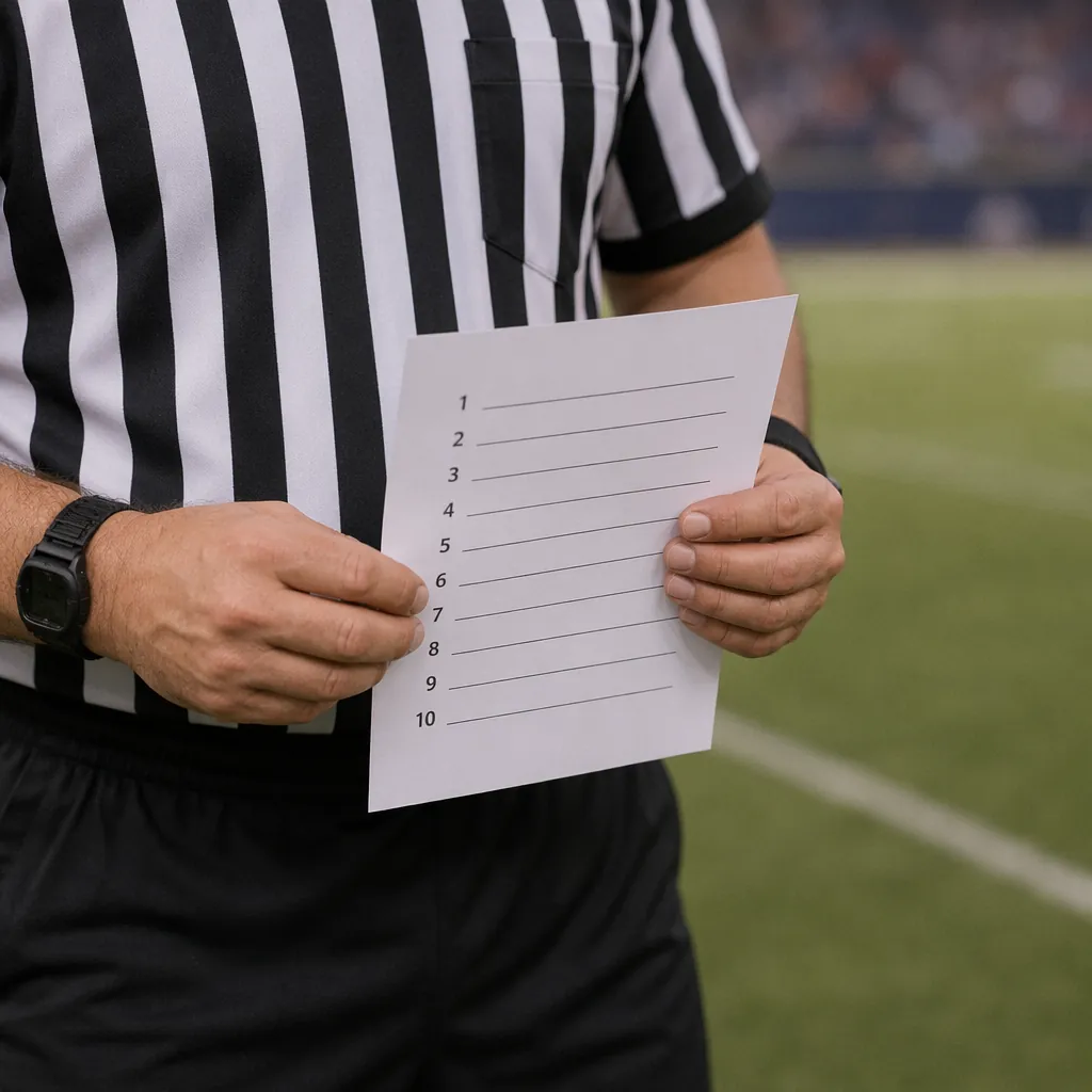 Close-up of a football referee holding a printed ranking list, blurred football 