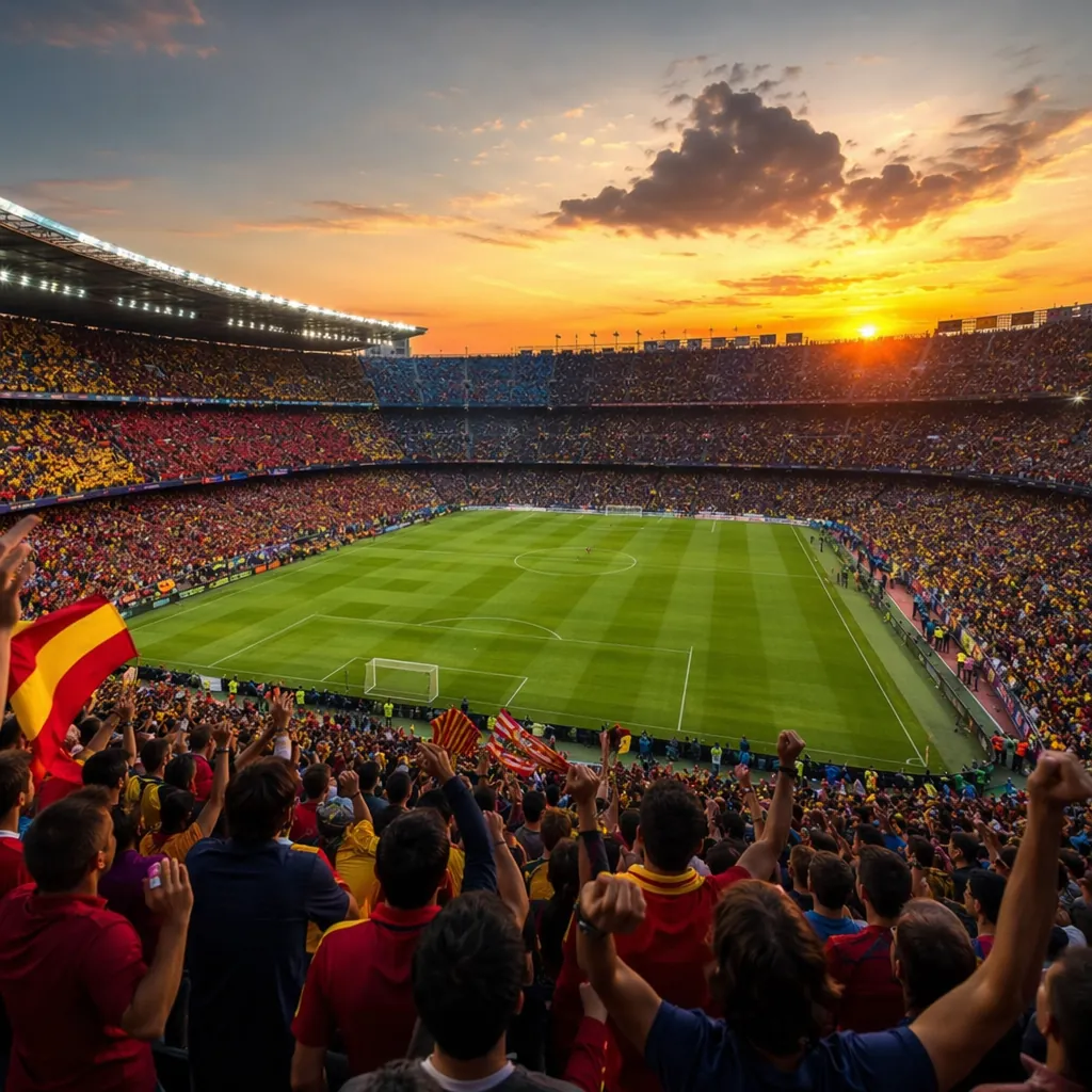 Wide shot of a packed football stadium during sunset, cheering fans in colorful