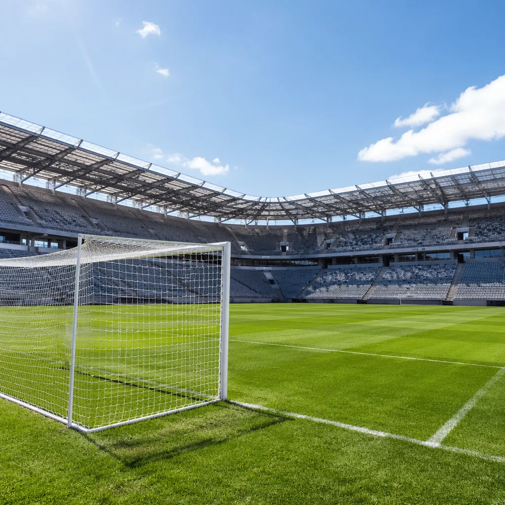 Green grass football pitch with white goal posts under bright daylight, empty st