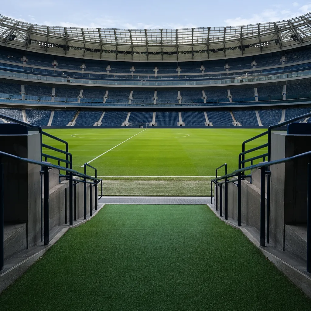 Wide shot of a modern football stadium interior before match, green natural gras