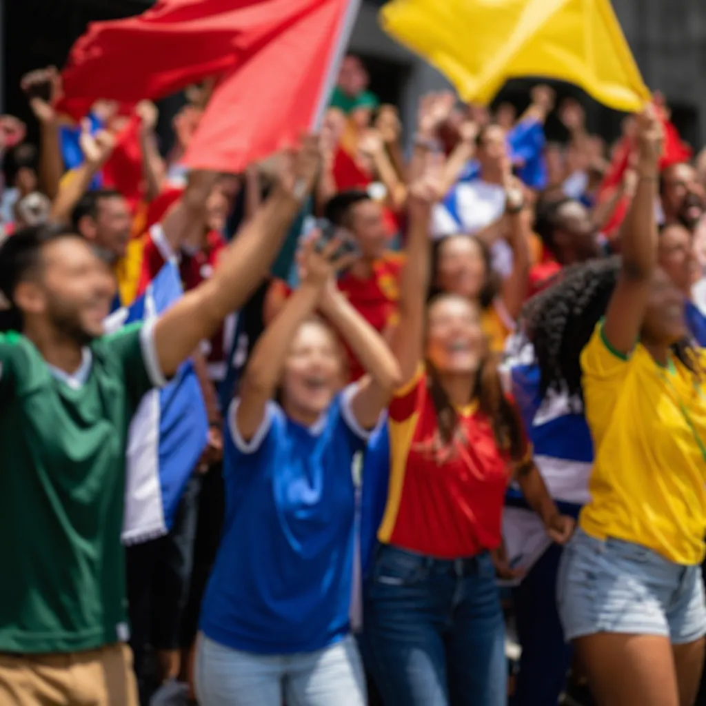 Blurred candid shot of diverse football fans wearing generic national team jerse