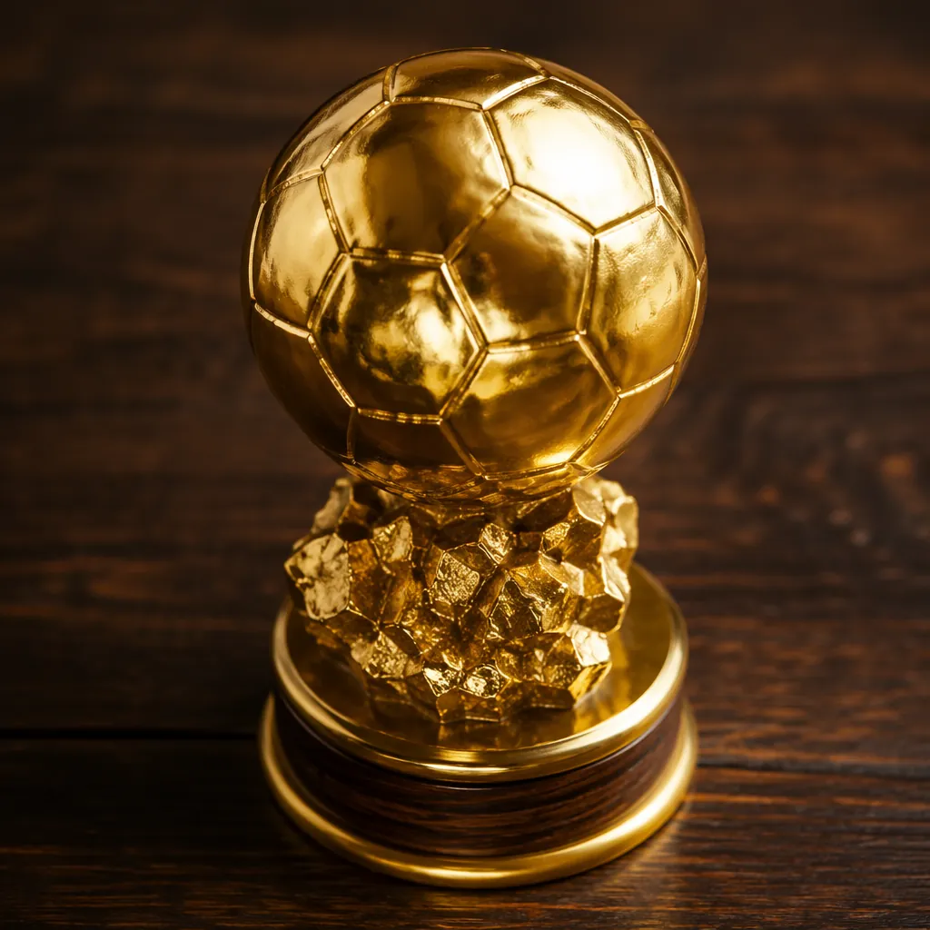 Close-up shot of a generic golden football trophy on a dark wooden surface, with