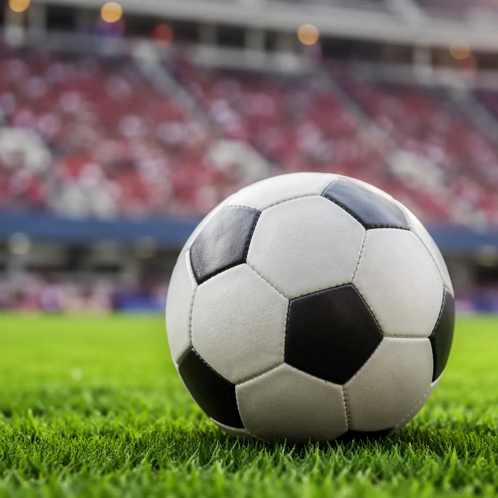 Close up of a traditional football resting on a green grass pitch, with blurred 