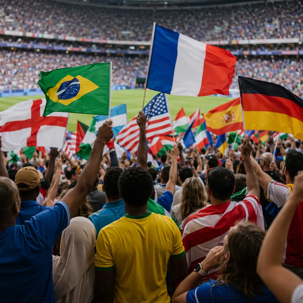 Wide shot of diverse football fans celebrating in the stadium stands, waving nat