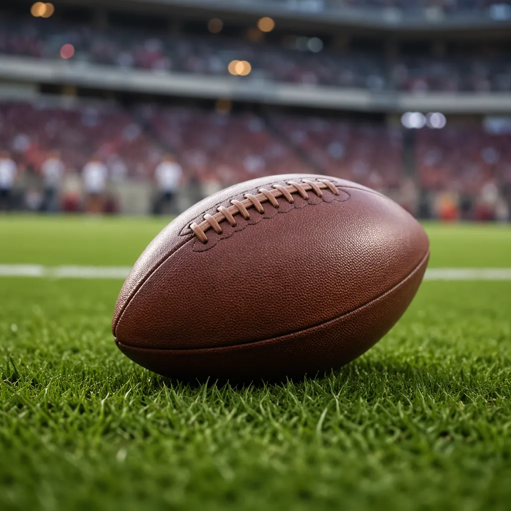 Close up of a generic leather football resting on a well-maintained green soccer