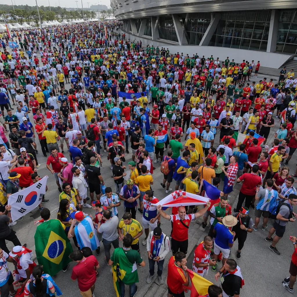High angle shot of diverse fans from different countries gathering outside a mod