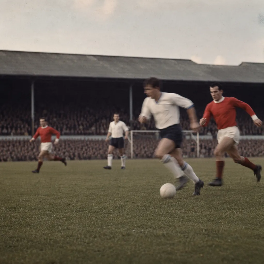Vintage 1960s football match scene, blurred players in retro kits on a grass pit
